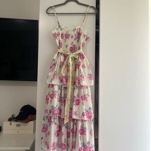 LoveShackFancy Pink and Green Floral Layered Midi Dress